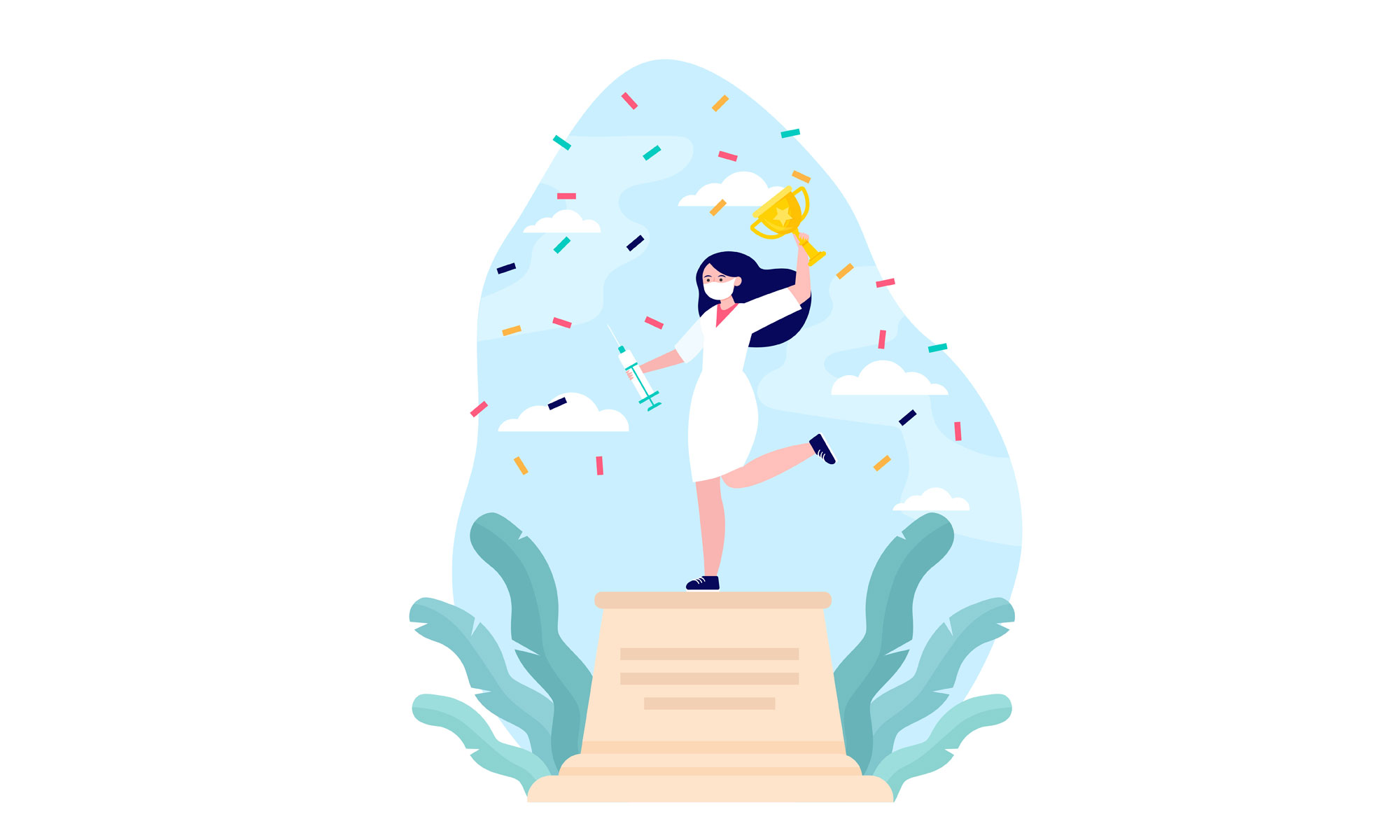 Illustration of a young nurse winning golden cup.