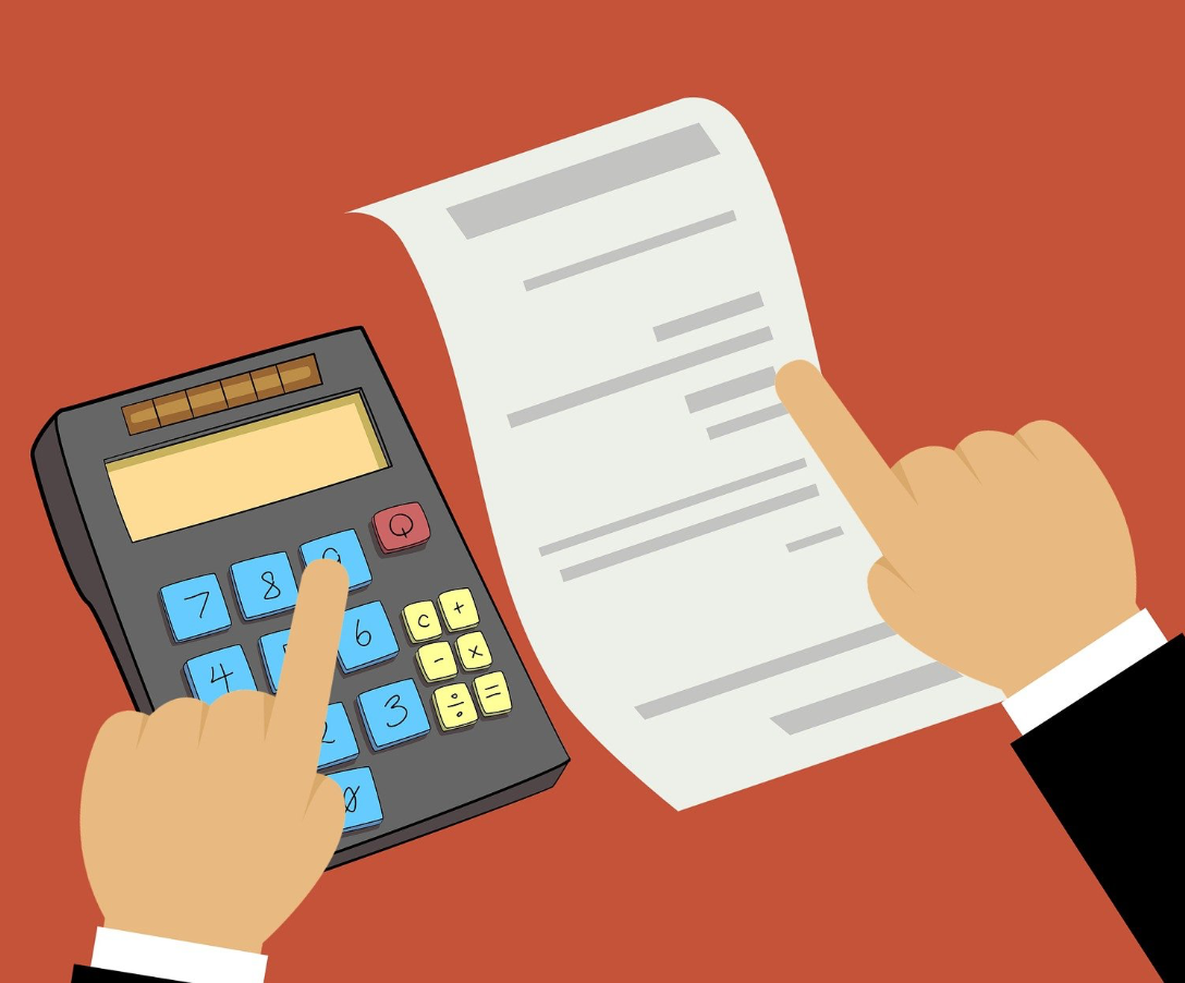 A calculator and an invoice including two hands reviewing the calculations and scrutinizing the invoice