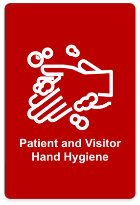 Hands washing with soap and water. Text: Patient and visitor hand hygiene button
