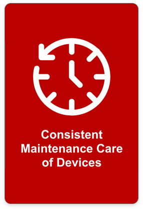 Clock with arrow around the edge. Text: consistent maintenance of care devices button