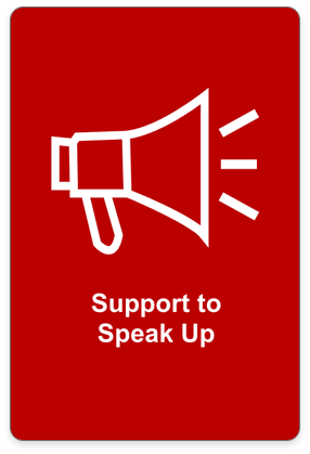 Megaphone. Text: support to speak up button