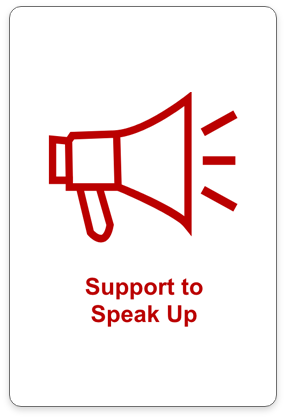 Megaphone. Text: support to speak up button