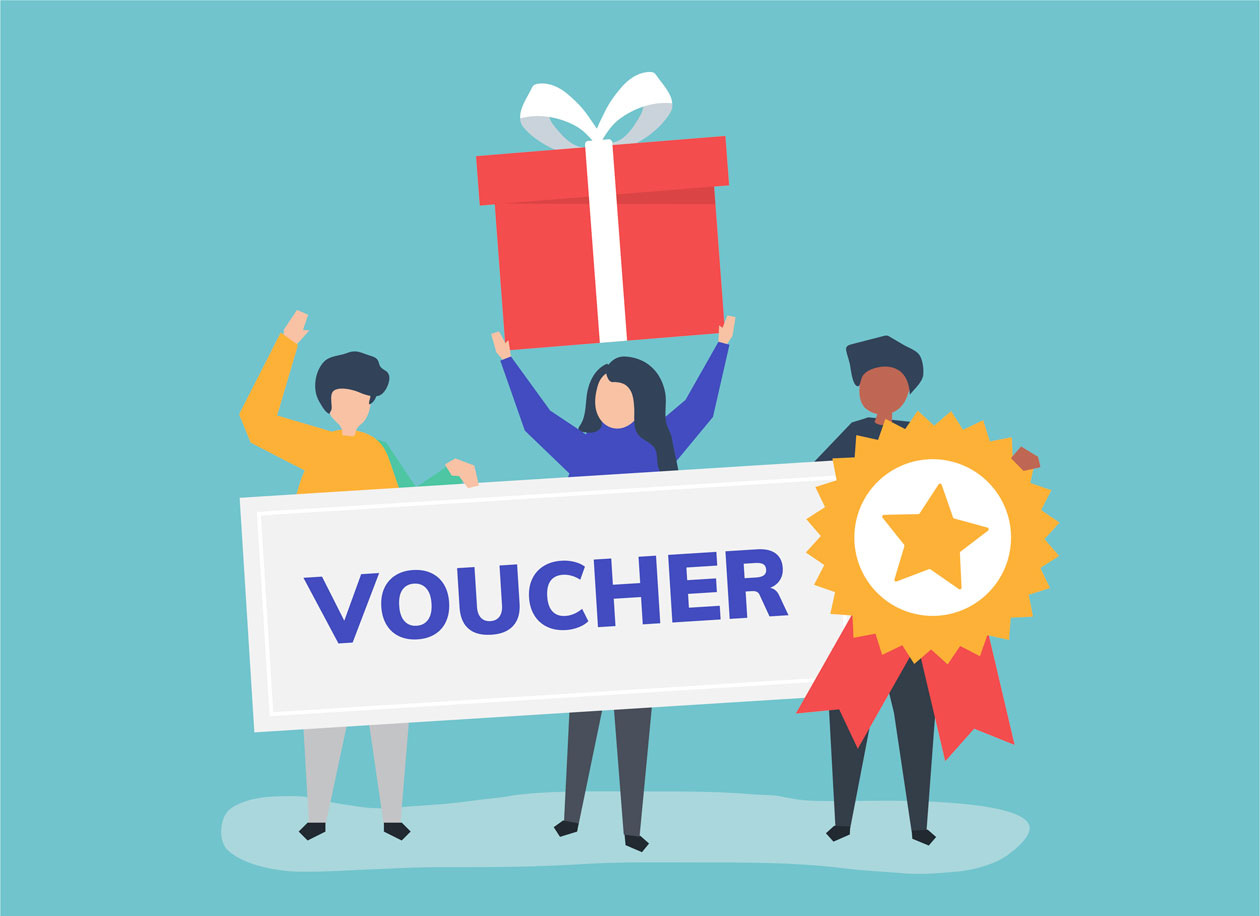Character illustration of people holding vouchers.